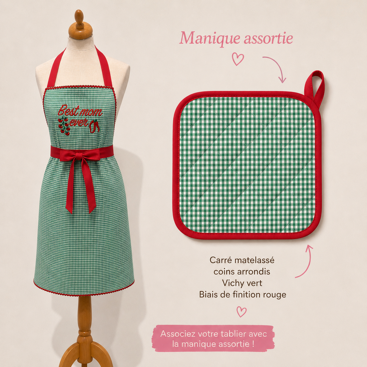 Tablier vichy vert + manique