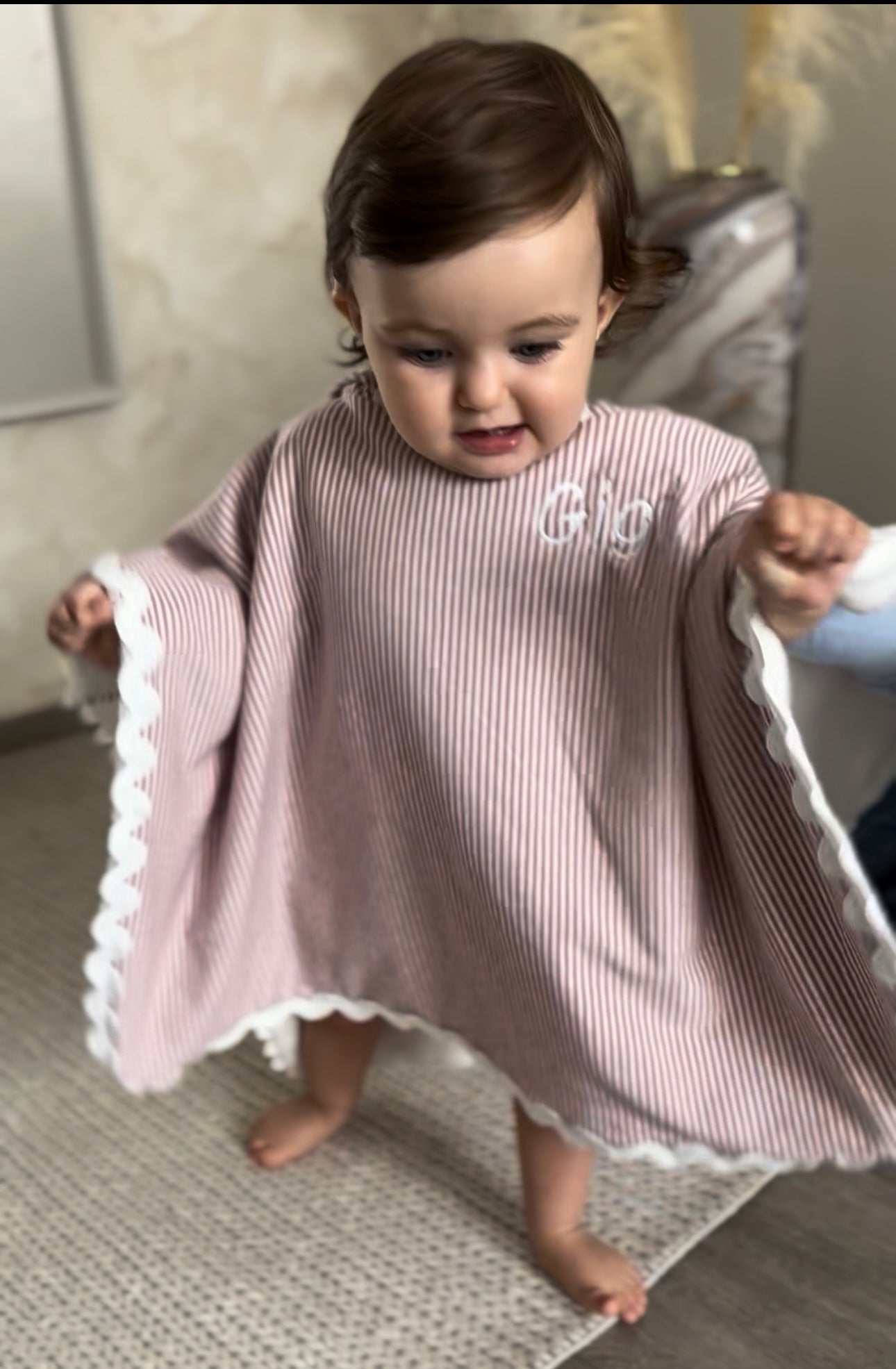 Poncho de bain festonné - Beige/Rose/Vert Olive