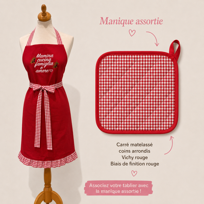 Tablier rouge Vichy + manique