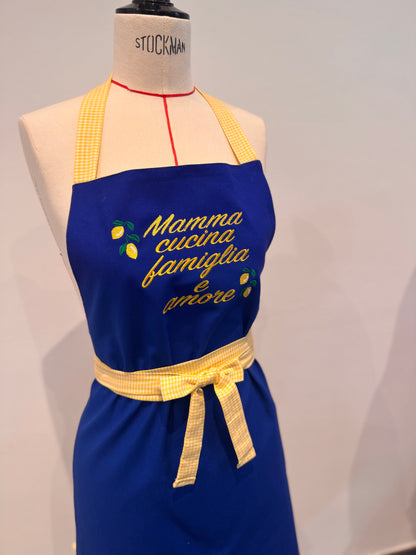 Tablier bleu et jaune Vichy + manique