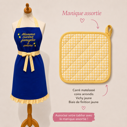 Tablier bleu et jaune Vichy + manique