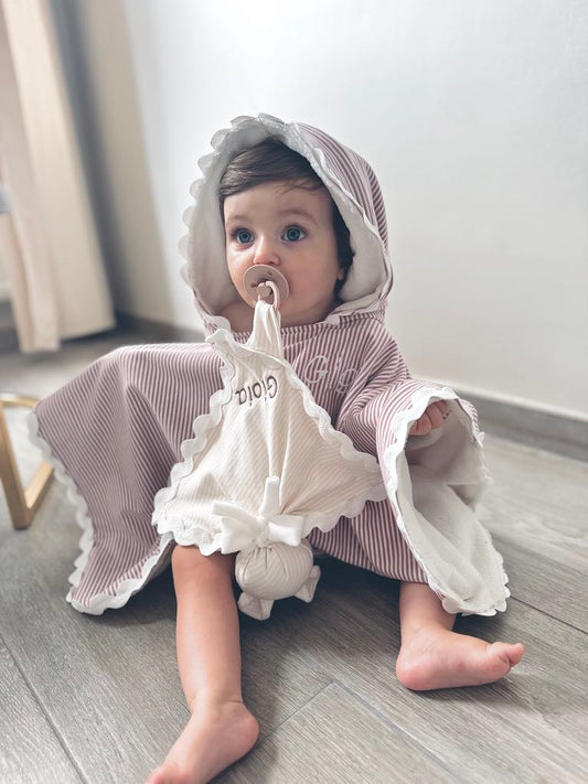 Poncho de bain festonné - Beige/Rose/Vert Olive